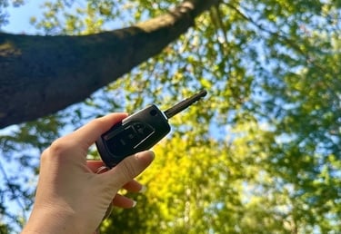 Hand holding a car key fob with treetops in the background, representing auto locksmith services