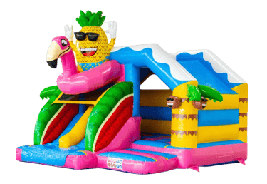 Tropisch springkussen met ananasontwerp en twee glijbanen, ideaal voor zomerse feestjes.