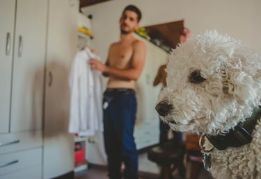 mascota junto al novio fotografia de casamientos