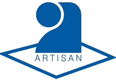 a blue and white logo with the word artisann