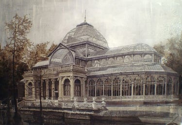 Palacio de Cristal de Madrid. Dibujado por Miguel Vivo sobre tabla