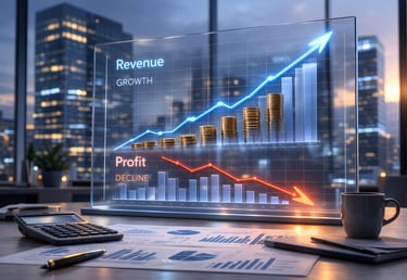 : График роста оборота и падающей прибыли на фоне делового центра Варшавы.