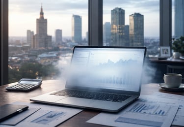 Офис с видом на Варшаву и размытым финансовым отчётом. Концепция потери контроля