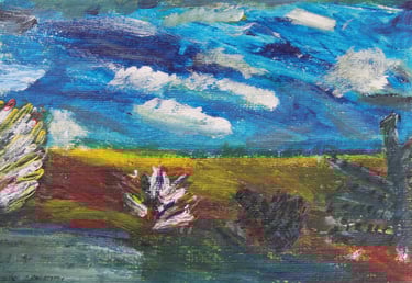a painting of a barren landscape with shrubs