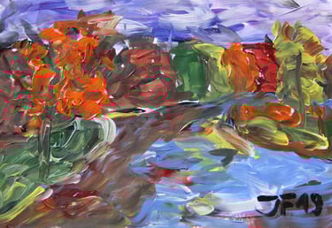 a landscape painting of a river in Autumn
