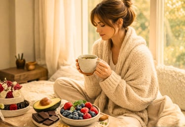 Woman sitting with herbal tea and healthy foods like berries, avocado and dark chocolate to help red