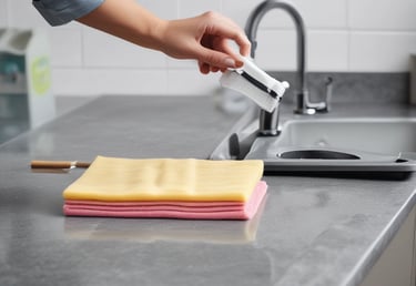 Various stone samples including quartz and granite displayed on a wooden table.