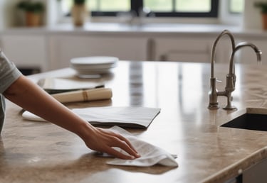 Close-up of a polished quartz countertop with soft natural light.