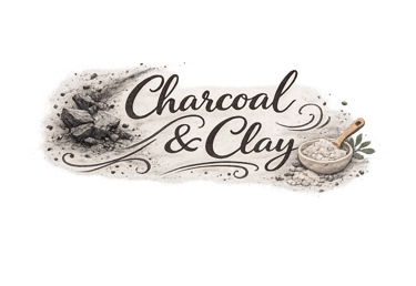 Charcoal and Clay brand logo featuring natural activated charcoal pieces and a clay bowl with a wooden spoon.