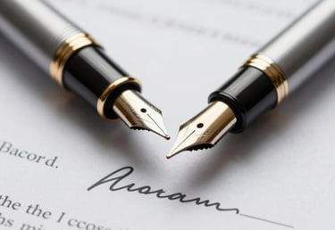 Macro close-up of a fountain pen resting on a clean signature line of a mortgage document, bright daylight, shallow depth of field, professional legal environment.