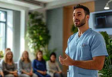 Fisioterapeuta en uniforme azul liderando taller de sostenibilidad en salud, con audiencia atenta en espacio moderno y acoged
