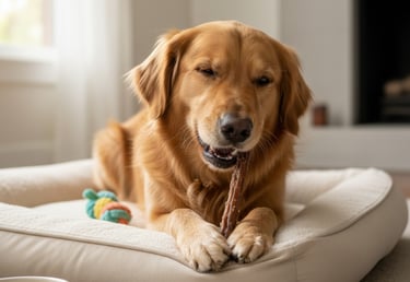 A golden retriever sits in a plush dog bed while chewing on a long dental treat.