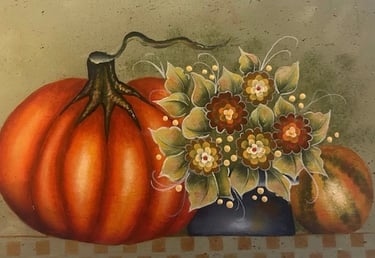 Sandy DeAngelo an acrylic painting of pumpkins and fall flowers