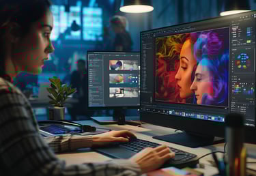 a woman sitting at a desk with a computer monitor and a laptop