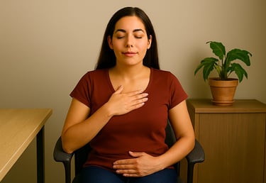 Imagen de uma pessoa respirando fundo com a mão no peito e na barriga