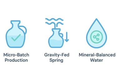 Three jugs showing micro-batch, gravity-fed, mineral-balanced water, same-day delivery