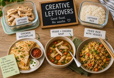 Planned leftover dishes that help save money and reduce food waste.