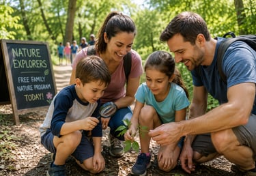 Family exploring nature during a free parks and recreation program designed for children and familie