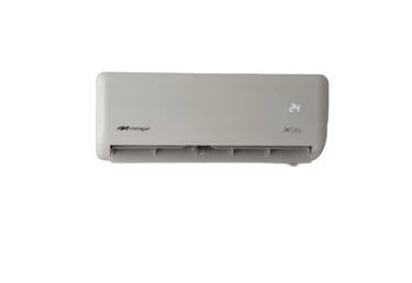 Unidad de aire acondicionado minisplit blanco Mirage X Life que muestra una temperatura