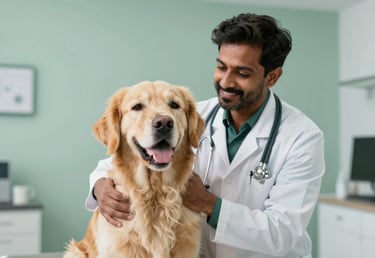 A professional Indian veterinarian in a light-colored clinic setting, gently examining a friendly Golden Retriever. The scene is bright and modern, incorporating subtle #A7C9A7 sage green accents in the background to convey a trustworthy and clean medical environment.