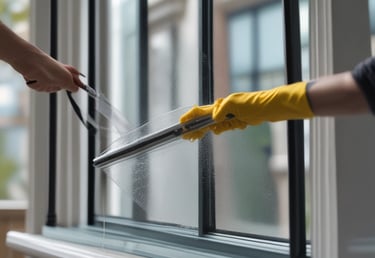 A technician carefully pressure washing a driveway on a sunny day, water spraying in a fine mist.