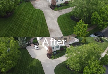 Before and after aerial view of a clean concrete driveway and professional lawn care for a suburban home.