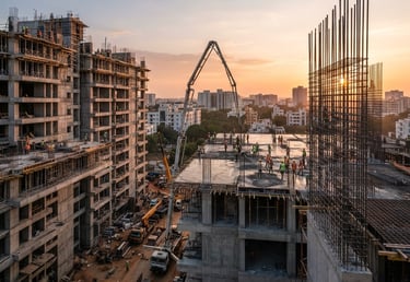 Wide panoramic shot of a modern residential construction site in Bengaluru at golden hour, concrete pouring in progress, structural steel reinforcement visible on the right, high-contrast sun and shadow.