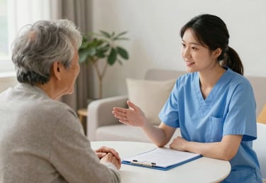 A caring nurse gently assisting an elderly woman in a bright, cozy home setting