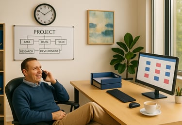 ADHD Businessman after clarity session. Sound workflows, business clarity, relaxed