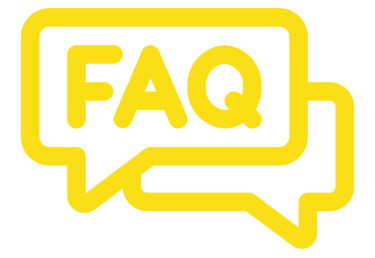 Yellow FAQ icon with two speech bubbles on a black background for frequently asked questions.