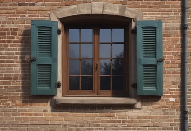 a window with a blue frame