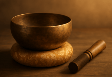 Tibetan singing bowl with mallet used for sound healing and meditation