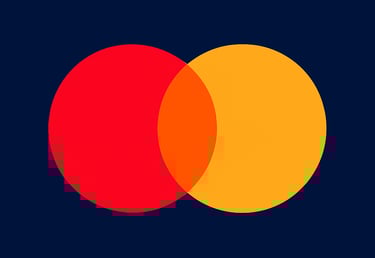 Mastercard logo with a dark navy blue background and orange and yellow circles in it.