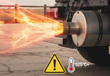 Safety warning graphic of a truck exhaust emitting high-heat gas, labeled 525°C+ with fire hazard alert.