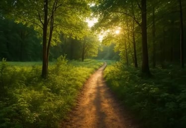 Trilha iluminada pelo sol em meio à floresta, simbolizando o caminho do circuito de recompensa e a motivação cerebral.