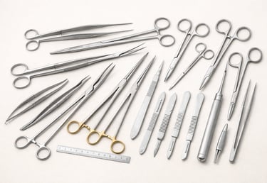 Surgical sets with scissors, forceps, and scalpels on a white background.