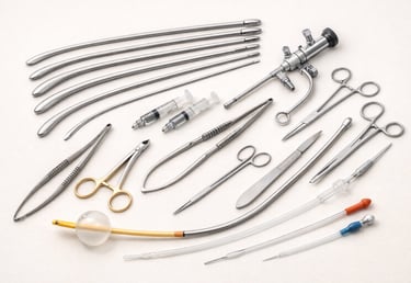 Urology instruments including catheters, forceps, and endoscopic tools on a white background.