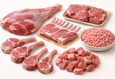 Quality halal mutton and lamb meat cuts arranged for export-grade presentation