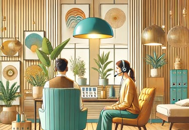 a man and woman sitting at a desk in a room