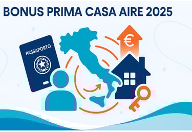 Illustrazione di CAF Public che rappresenta il Bonus Prima Casa AIRE 2025, con una casa e un passaporto stilizzati