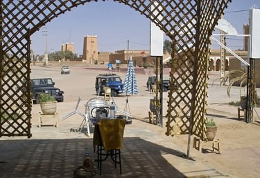 Cafe terrace view in M’hamid El Ghizlane, gateway town to the Sahara Desert, Morocco