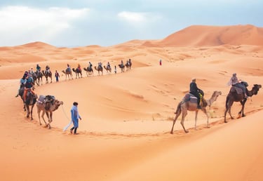 A long line of camels and people trekking through a desert dune