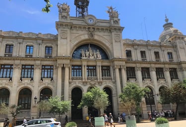 "Ornate facade of Valencia's historic Post and Telegraph Office, 