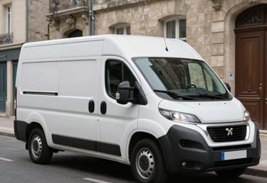 A professional photography of a clean, white Peugeot Boxer van parked in a quiet street in the Île-de-France region. The van is shown from a three-quarter side profile, without any license plate visible. The lighting is bright and clear, emphasizing professionalism and cleanliness. Background features stone gray European architecture and a touch of cadet blue sky. Style is realistic and discreet.