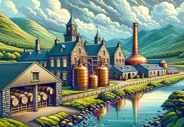 Traditional Scottish whiskey distillery with copper stills and aging barrels nestled in green highland hills.