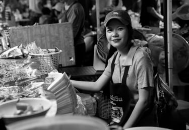 Nan street photography black and white night food stalls Thailand local life