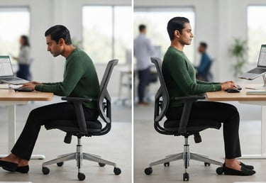 Comparison showing forward head posture and improved sitting posture during computer work.