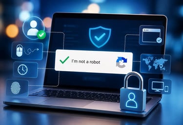 3D illustration of a laptop showing a CAPTCHA verification checkmark, surrounded by security icons, user verification symbols