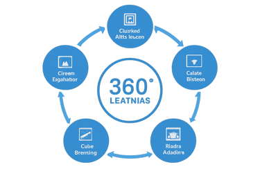 A circular diagram representing the '360° Learning' ecosystem with various interconnected modules: Content Management, Student Portfolio, Parent Portal, Professional Development, Skill Tracking, and Virtual Classrooms, each with its own icon in a blue circle.