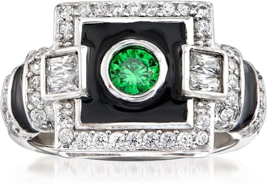 Simulated Emerald and .65 ct. t.w. CZ Art Deco-Style Ring With Black Enamel in Sterling Silver